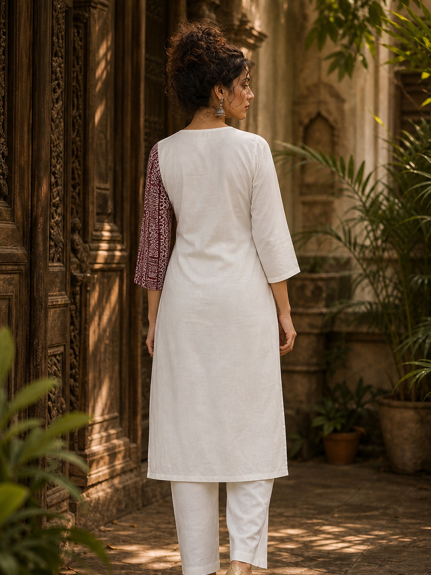 Vivid Dusty Pink & Ivory Half & Half Kurta with Tribal Print Panel & Contrast Button Placket