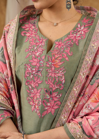 Elegant fern green Chanderi kurta and pant with intricate applique work -  Dupatta Optional