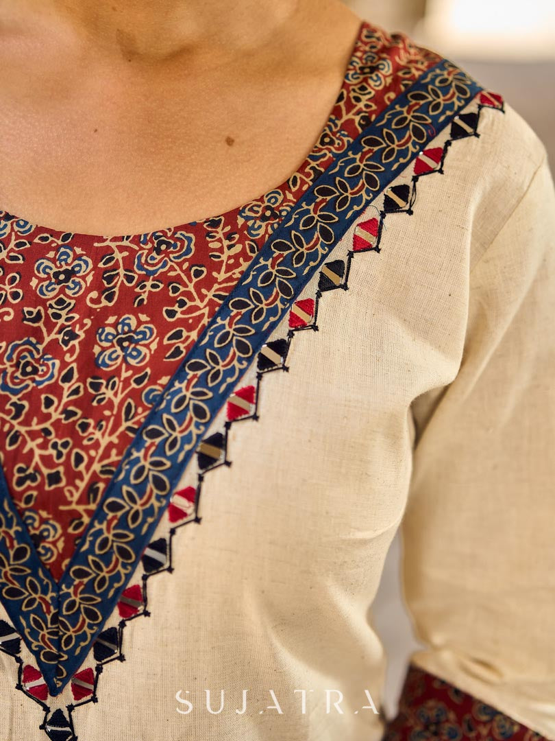Heritage Ivory Cotton Flex Kurta with Ajrakh Printed Yoke & Intricate Hand Embroidery