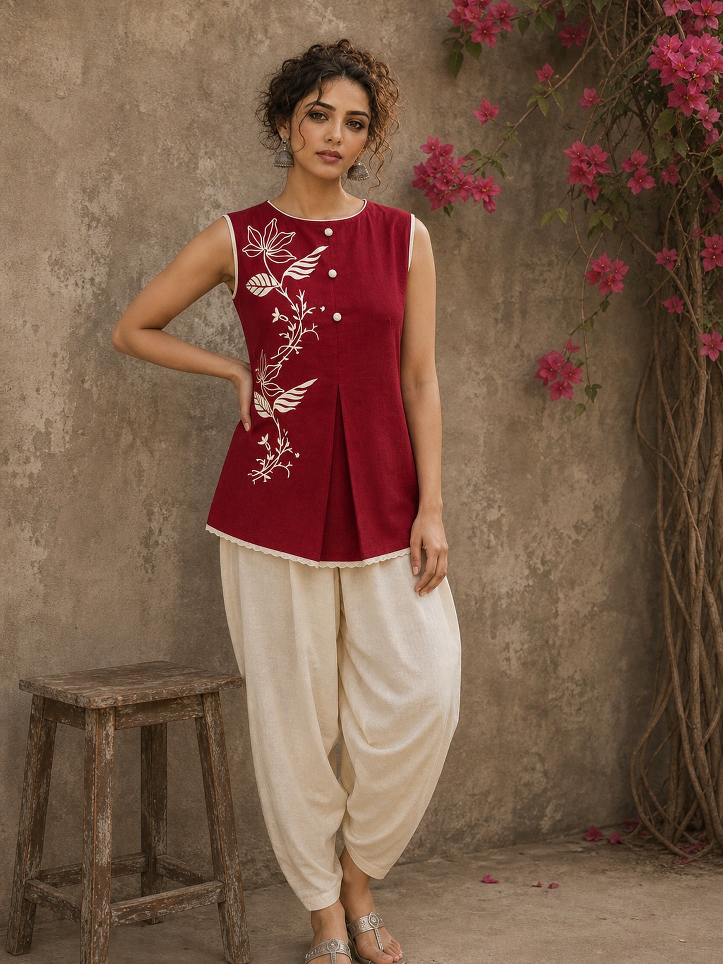 Charming red hand block print top showcasing elegant floral motifs, a contemporary pleated silhouette, and refined detailing, blending artisanal craftsmanship with effortless everyday style.