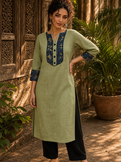 Sage Green Cotton Kurta with Ajrakh Yoke Panel & Matching Cuff Band