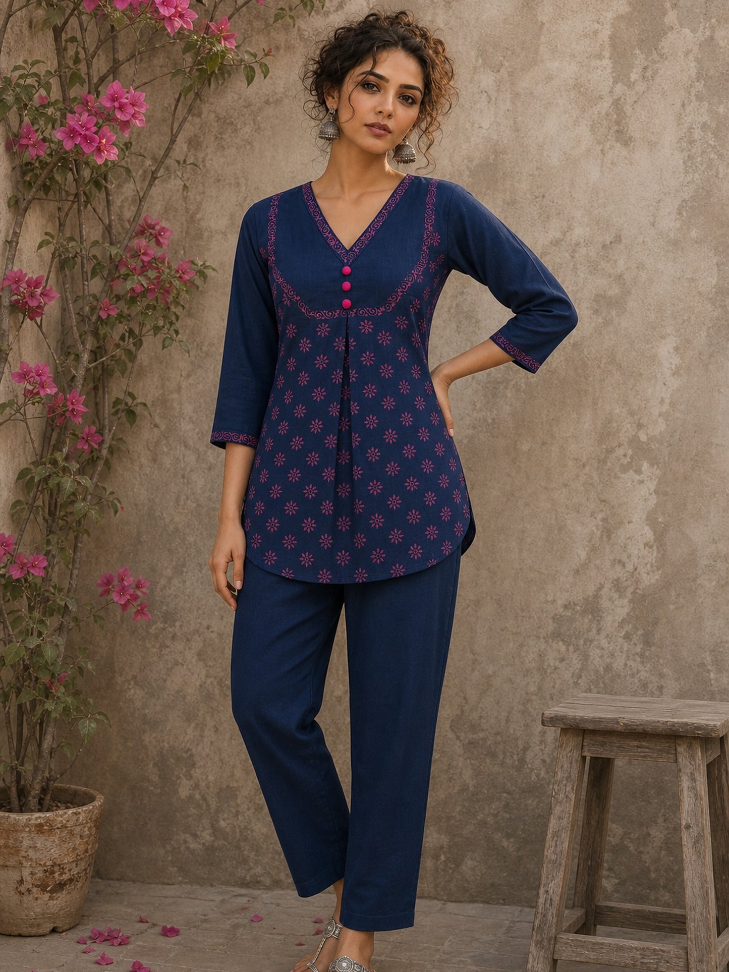 Minimal navy blue cotton pants delivering relaxed comfort, clean lines, and versatile styling for every occasion.