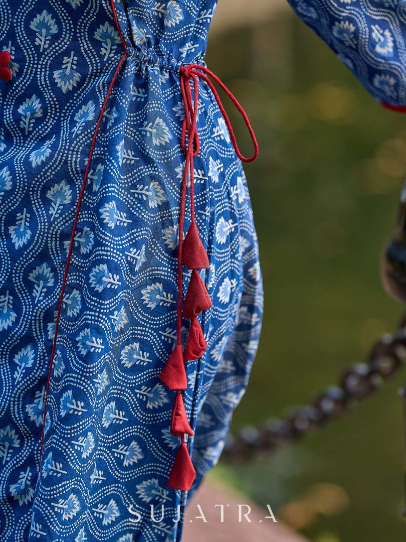 Indigo Printed A-Line Kurta with Waist-Defining Side Strings and Maroon Detailing