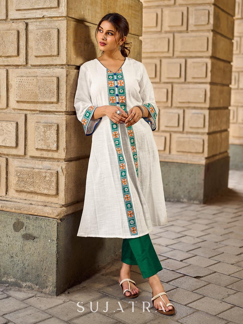 Timeless White Cotton Kurta with Hand Painted Madhubani Motifs on Front & Sleeves