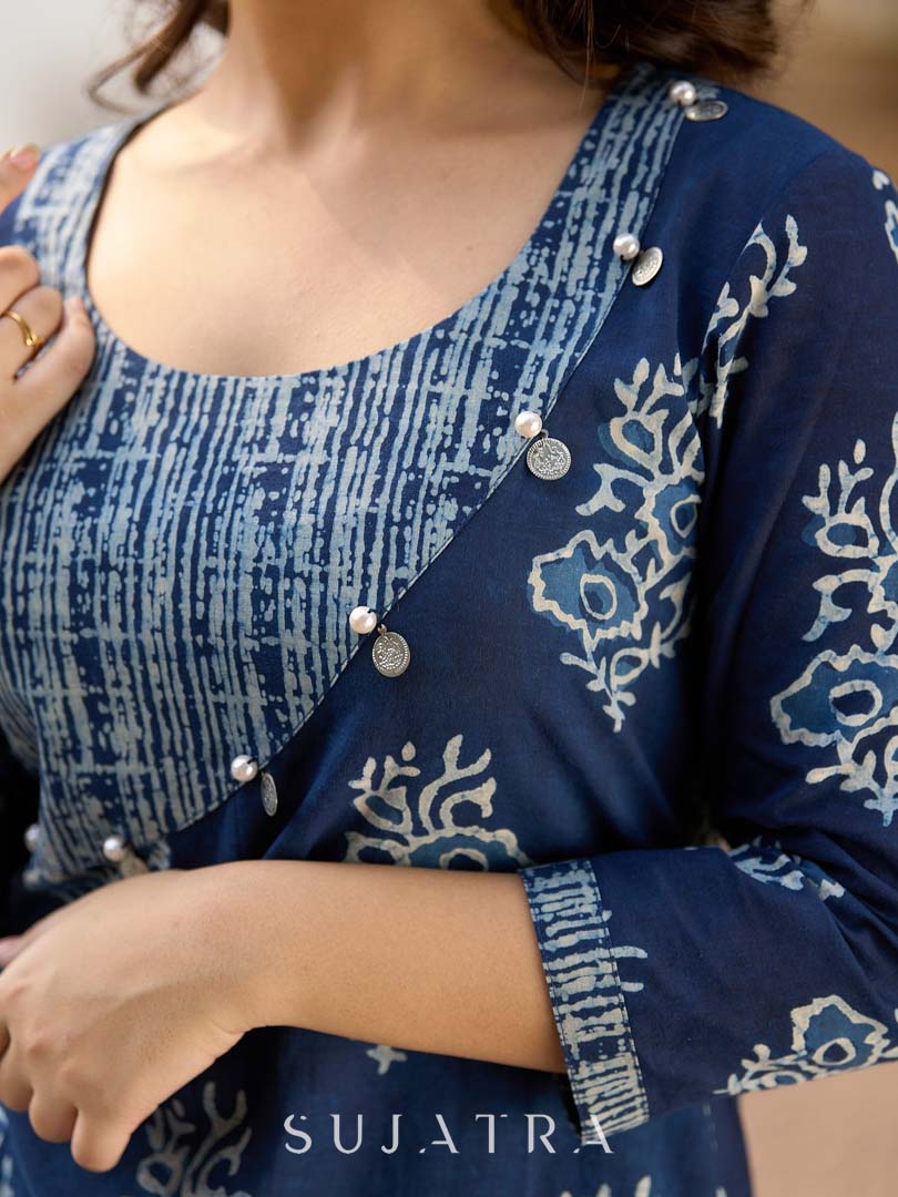 Indigo Bloom Print Kurta with Asymmetric Stripe Panel and Coin Embellishments
