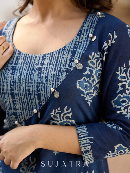 Indigo Bloom Print Kurta with Asymmetric Stripe Panel and Coin Embellishments