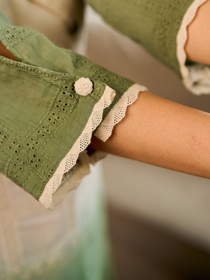 Serene ivory and sage green ombré overlap hakoba dress with olive button accents.