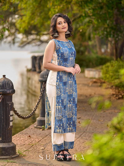 Indigo Abstract Printed Kurta with Side Cut Panels, Hakoba Inserts and Pearl Embellishments