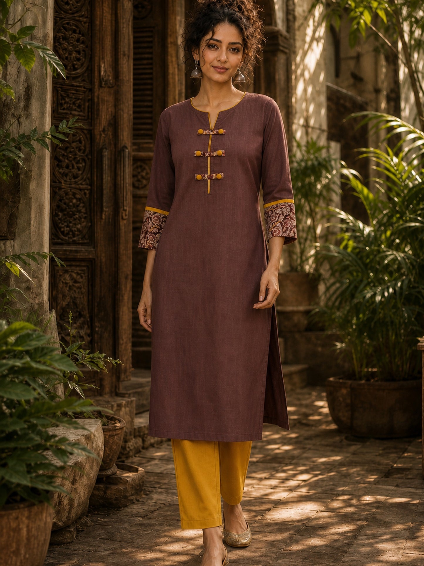 Earthy Brown Cotton Kurta with Statement Kalamkari Block Print Cuffs & Mustard Piping