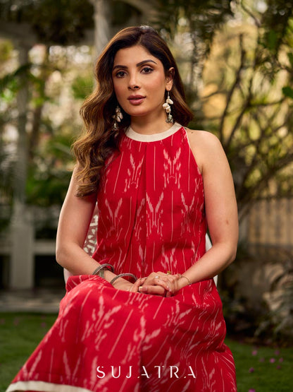 Statement red Ikat halter-neck dress accented in white, designed with a box pleat at the neckline for fluid drape.