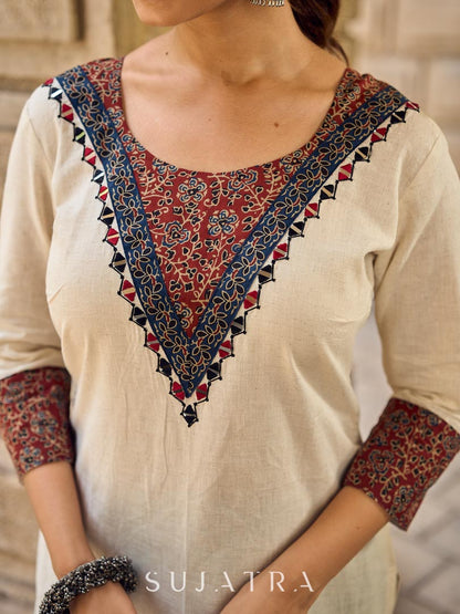 Heritage Ivory Cotton Flex Kurta with Ajrakh Printed Yoke & Intricate Hand Embroidery