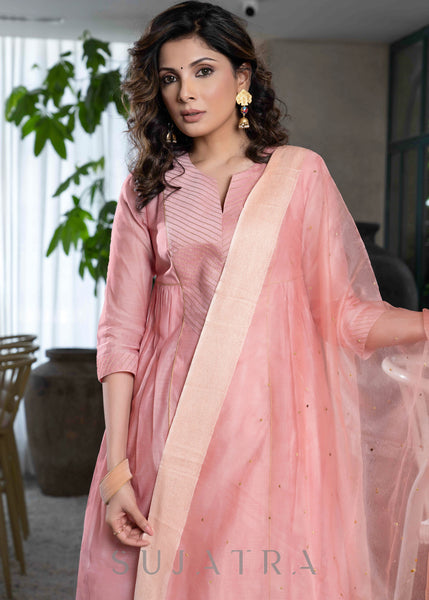 Light pink chanderi Pant & flared kurta with gold detailing - Dupatta Optional