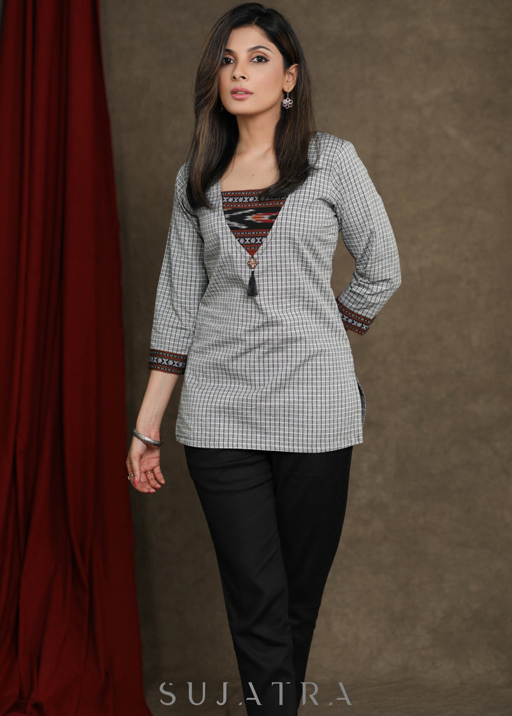 Casual Grey Top with Ikkat Detailing