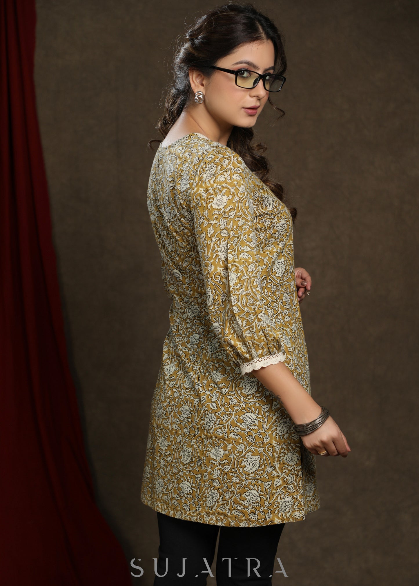 Casual mustard cotton printed tunic highlighted with beautiful lace