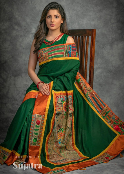 Madhubani printed saree with black chanderi & maroon cotton silk combination