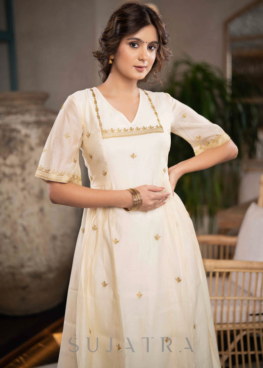 Elegant Off White Chanderi Kurta With Gold Embroidery All Over  - Pant Optional