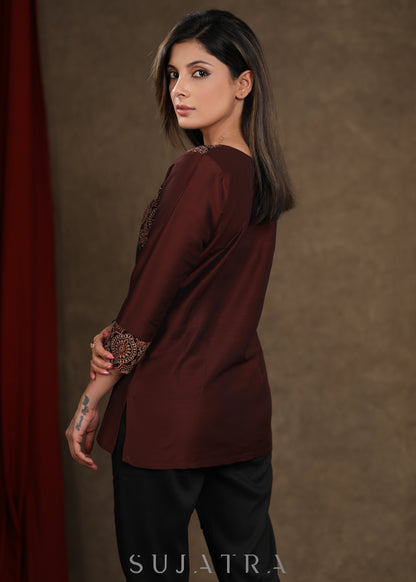 Brown Cotton Silk Ajrakh Combination Top