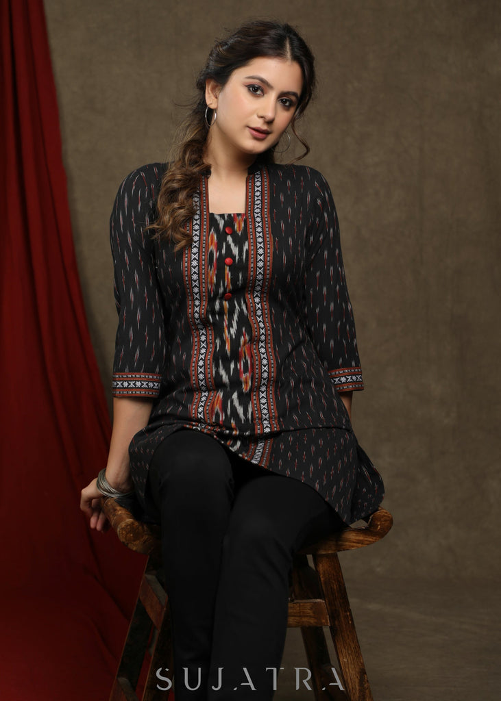 Trendy black ikat combination tunic with mandarin collar