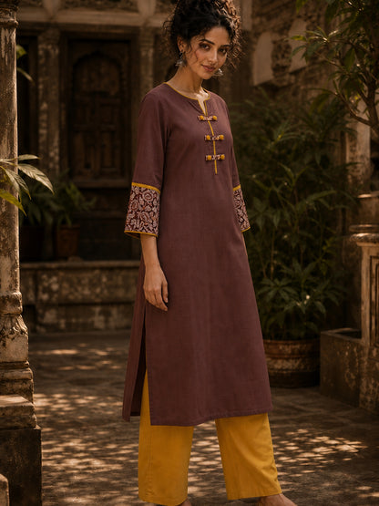 Earthy Brown Cotton Kurta with Statement Kalamkari Block Print Cuffs & Mustard Piping