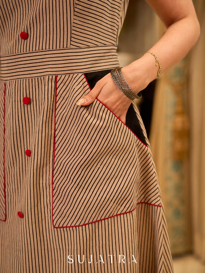 Statement Ajrakh striped dress designed sleeveless, accented with red details and convenient pockets