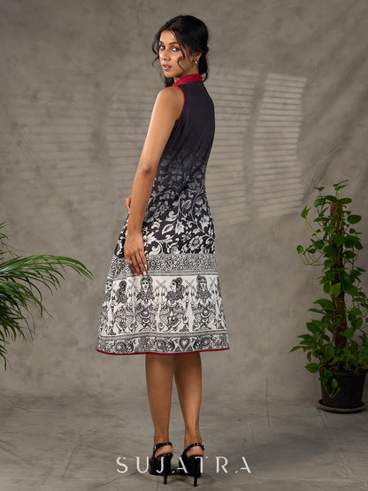 Black and maroon ombré Kalamkari inspired motif printed shirt dress with slit mandarin collar and maroon accents