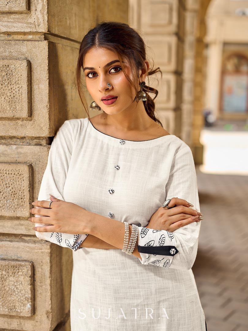 Classic White Cotton Kurta Featuring Black Leaf Vine Embroidery & Printed Sleeve Detail