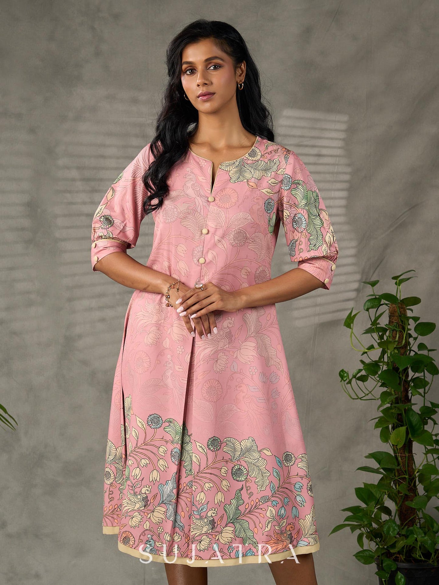 Blush pink Kalamkari printed dress with elegant pleated detailing