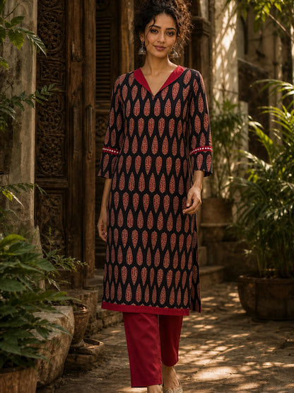 Striking Black Ajrakh Block Print Straight Kurta with Bold Maroon Collar & Mirror Cuff Accent