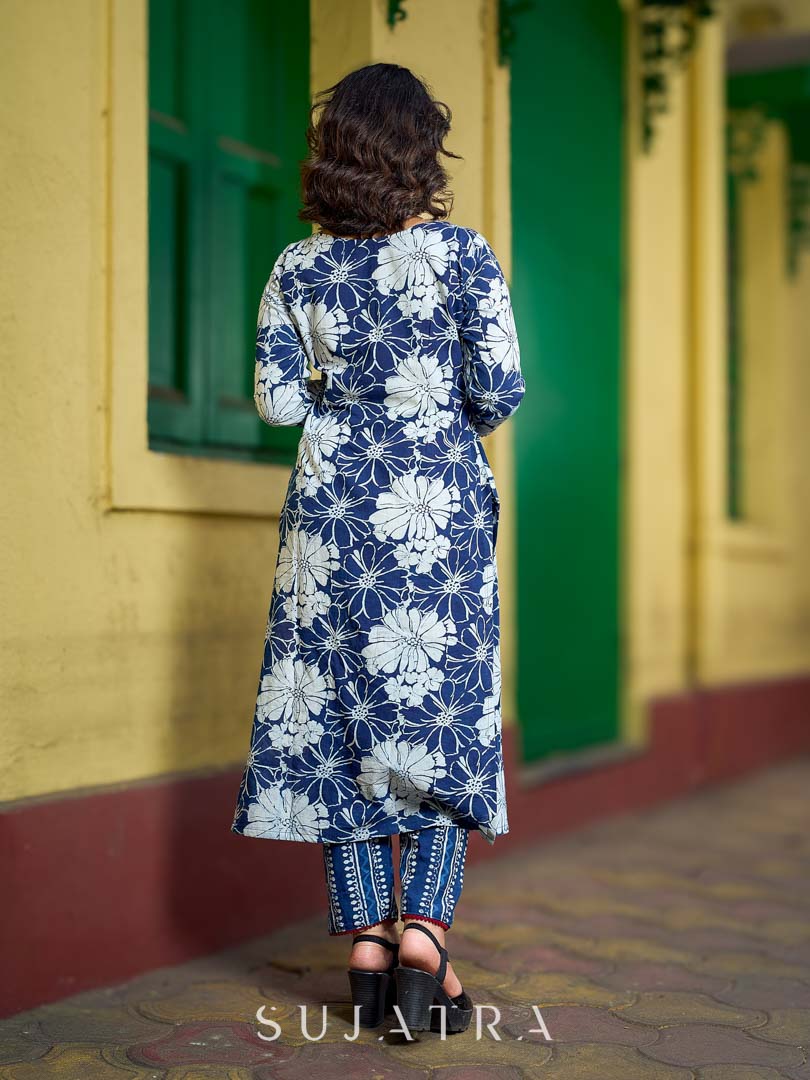 Contemporary Indigo Kurta Featuring Floral & Stripe Panels, Maroon Highlights and Asymmetric Gathered Yoke