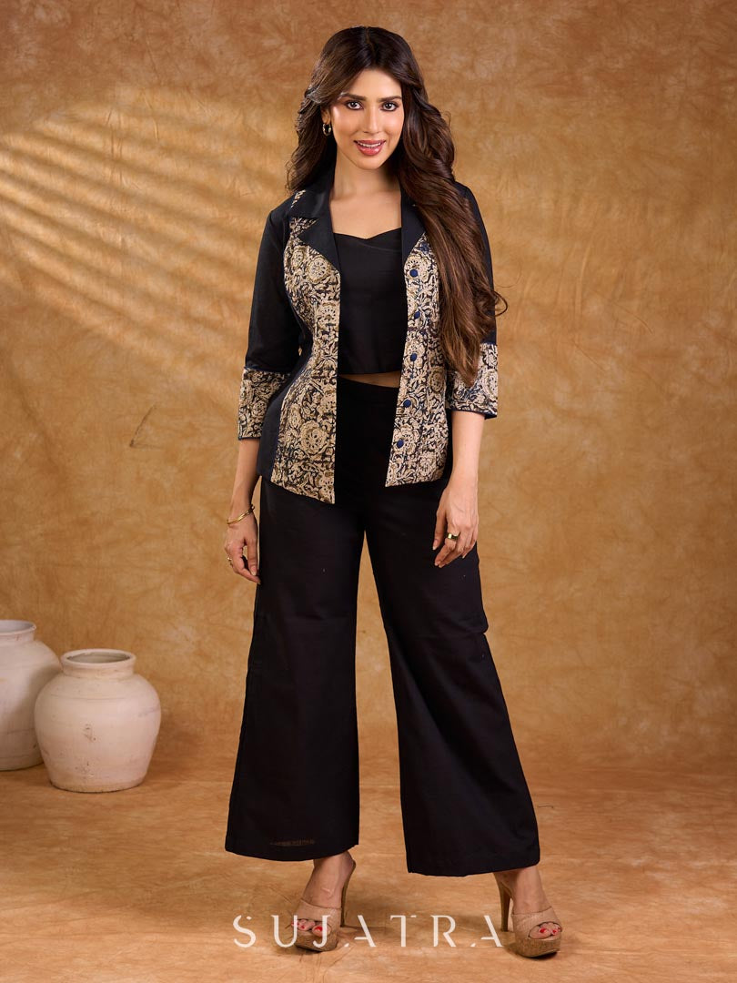 Elegant black and navy Kalamkari jacket featuring a notch collar and subtle navy accents, creating a graceful, tailored silhouette suited for polished corporate wear.