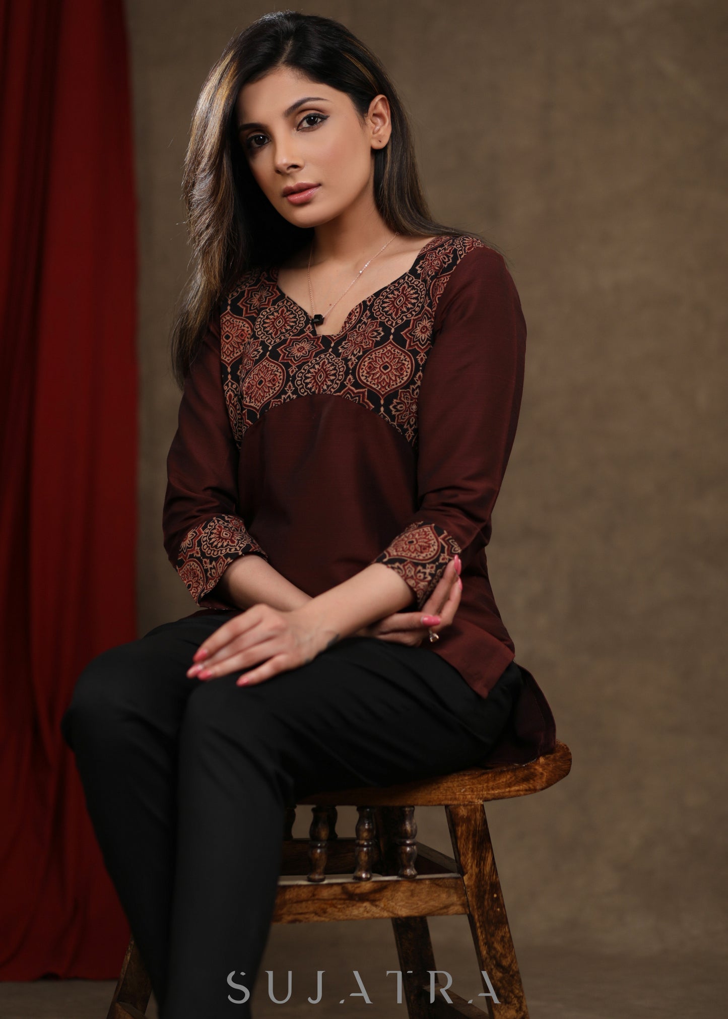 Brown Cotton Silk Ajrakh Combination Top