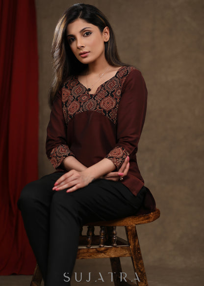 Brown Cotton Silk Ajrakh Combination Top