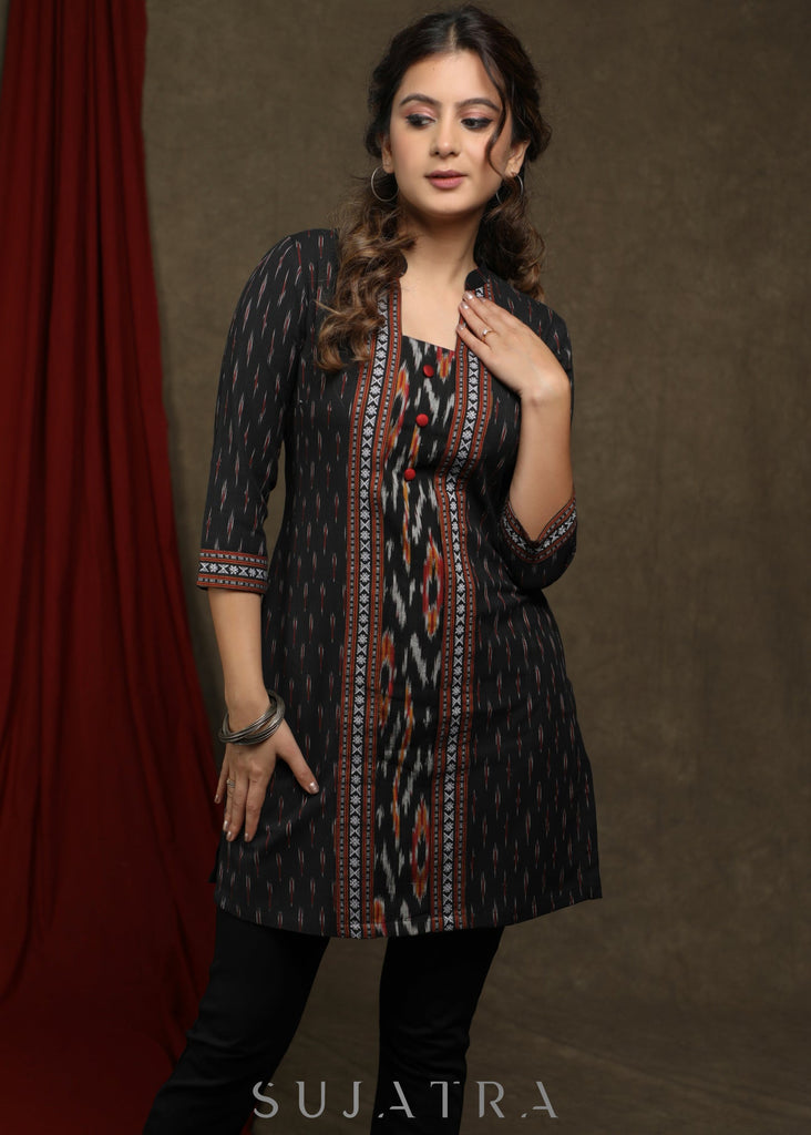 Trendy black ikat combination tunic with mandarin collar