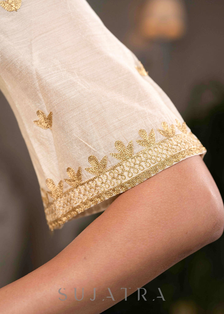 Elegant Off White Chanderi Kurta With Gold Embroidery All Over  - Pant Optional