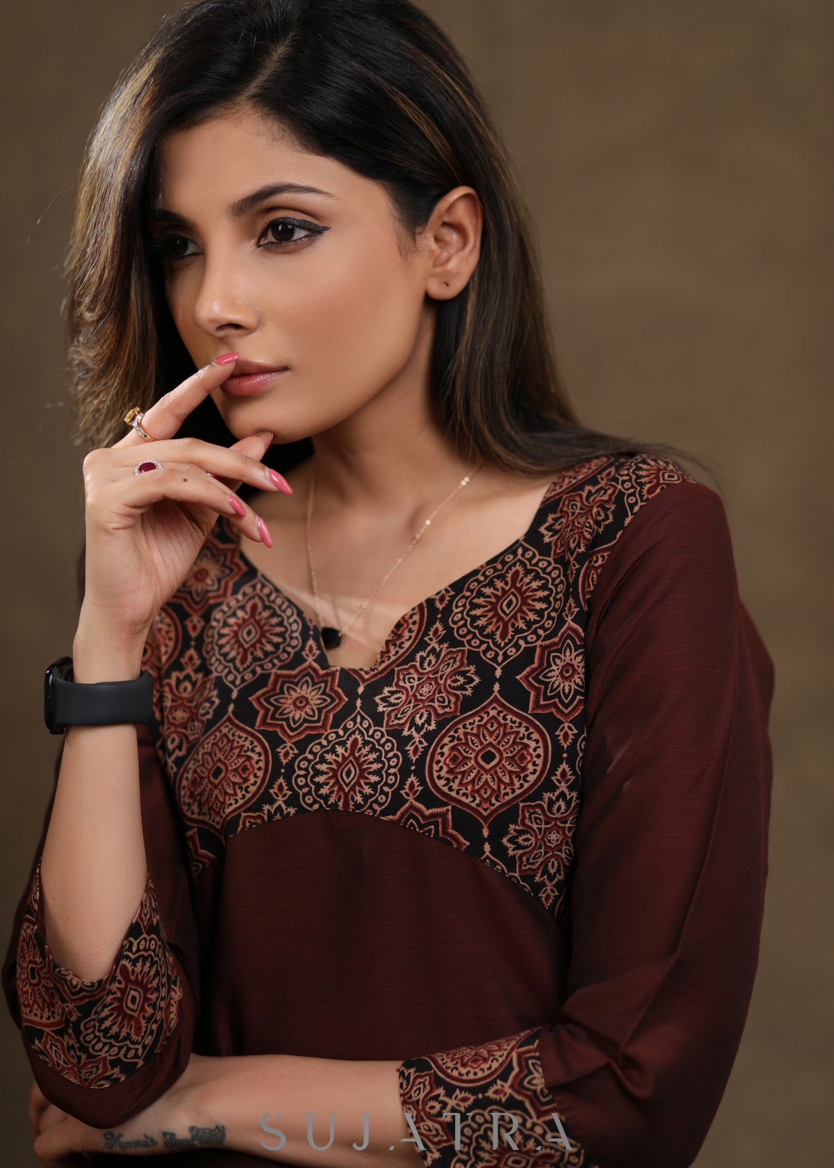 Dussehra Sale — Brown Cotton Silk Ajrakh Combination Top