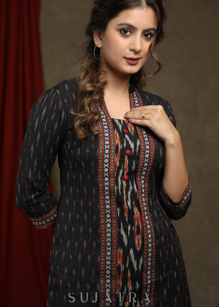 Trendy black ikat combination tunic with mandarin collar