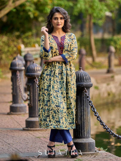 Artisan Indigo Kurta with Animal Motifs, Overlapping Neck and Handcrafted Maroon Mirror Detailing