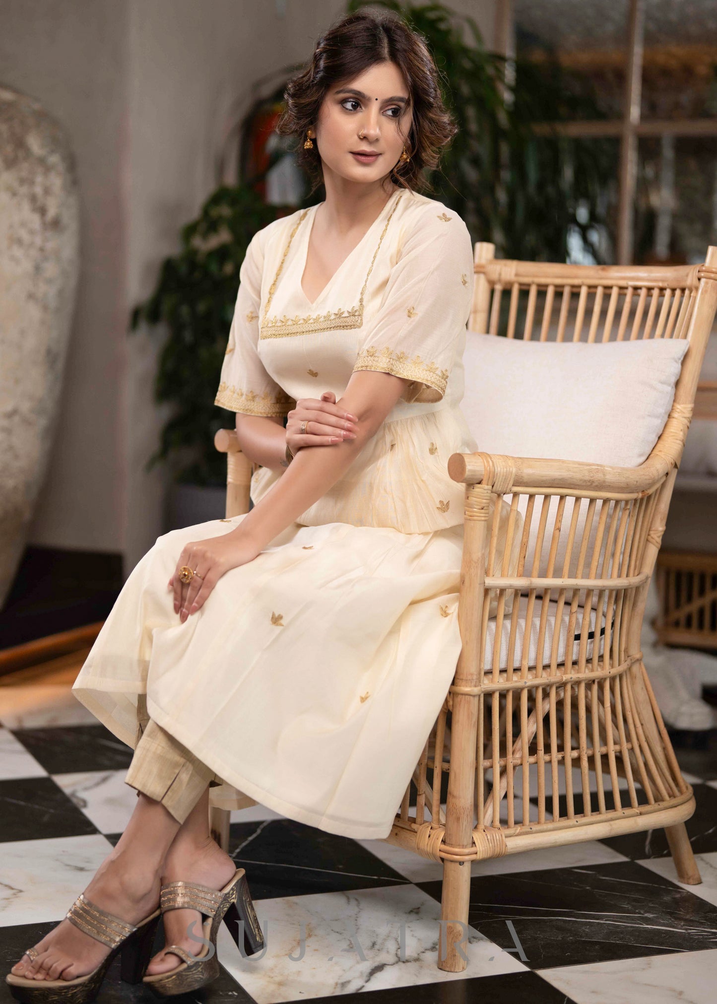Elegant Off White Chanderi Kurta With Gold Embroidery All Over  - Pant Optional