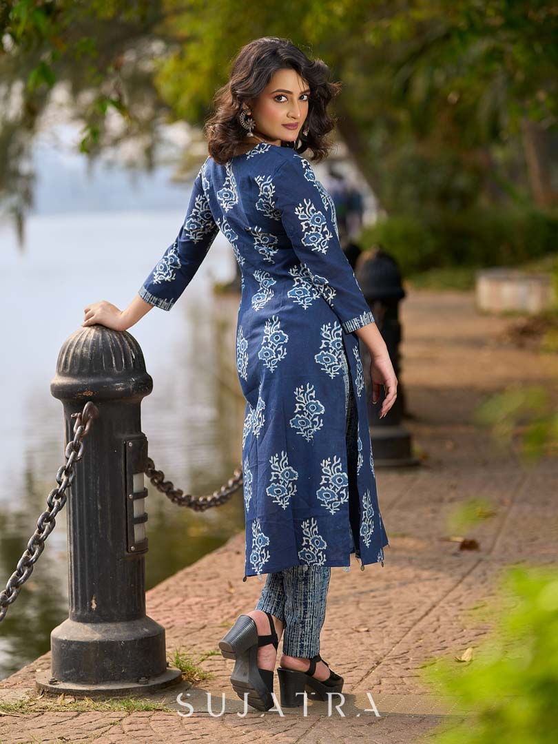 Indigo Bloom Print Kurta with Asymmetric Stripe Panel and Coin Embellishments