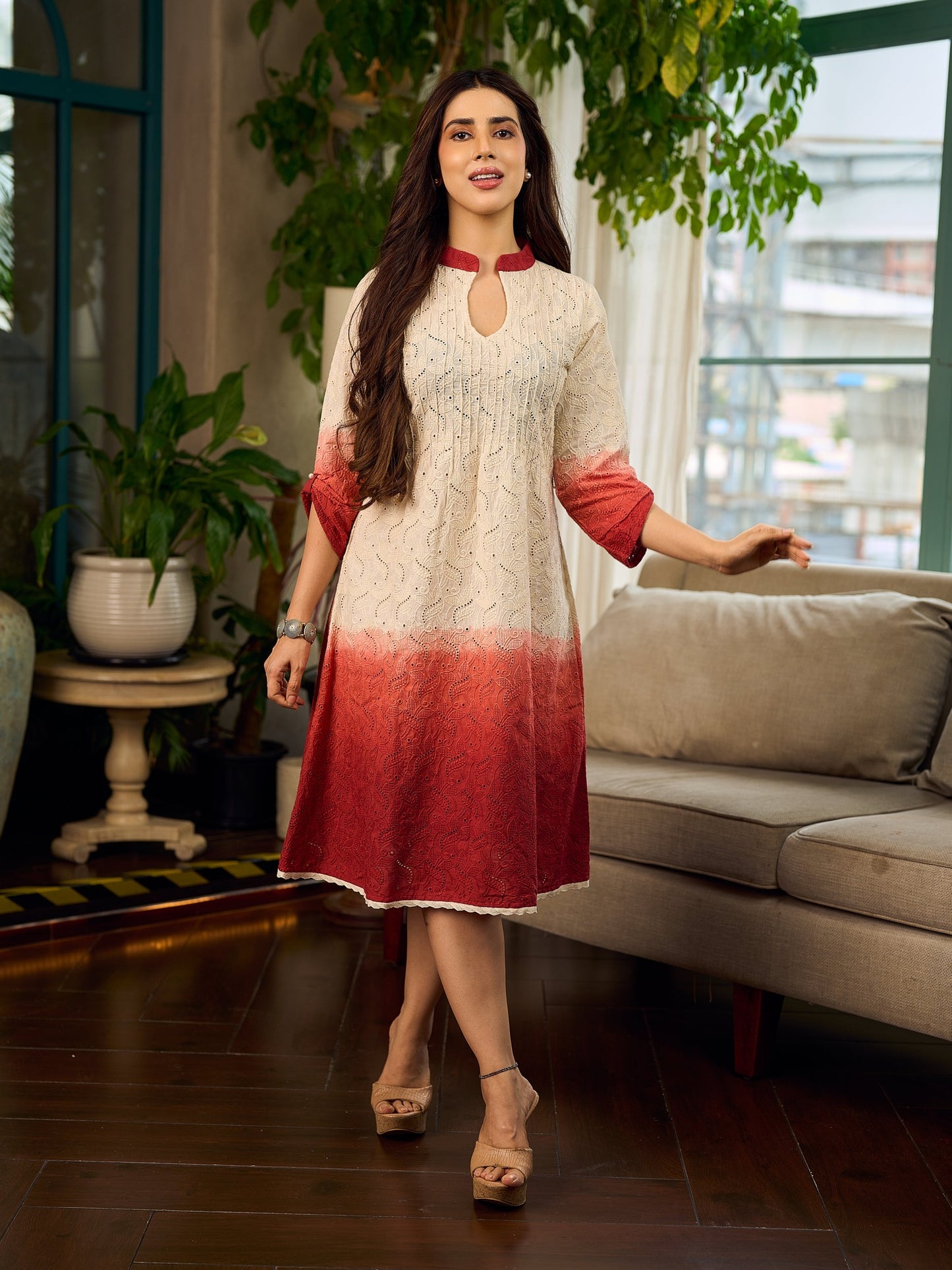 Chic cream-to-maroon ombré Hakoba dress with distinctively folded sleeves and collar.