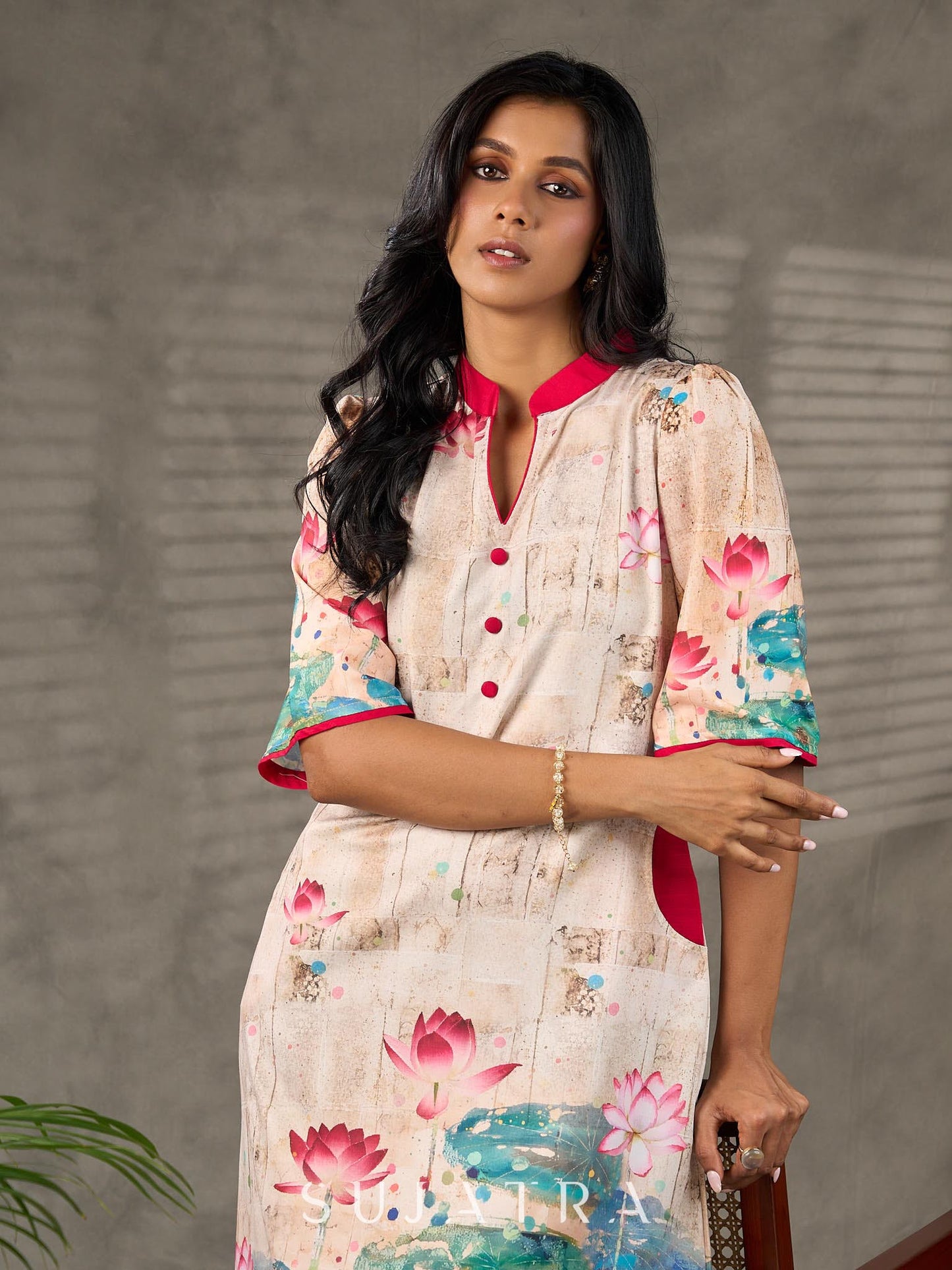 Pichwai-inspired off white lotus print dress with pink accents.
