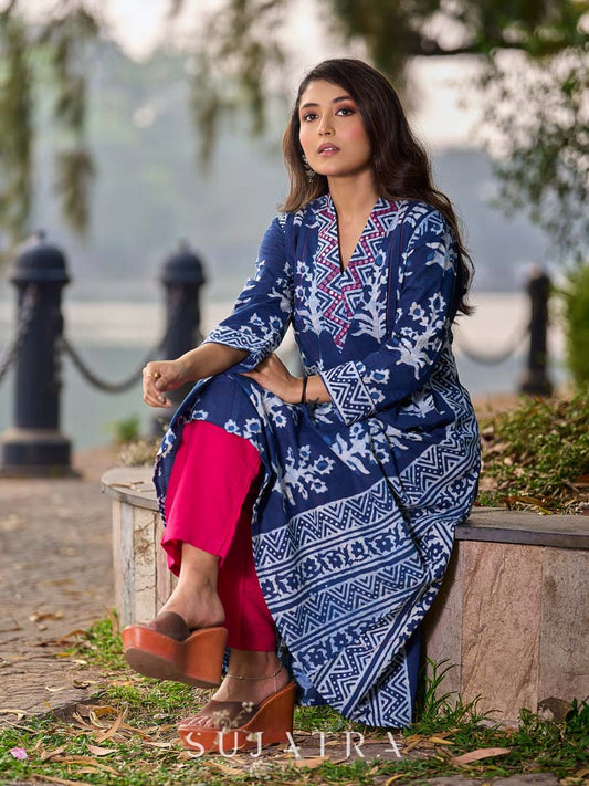 Indigo Floral Kurta with Playful Stripe Print and Magenta Hand Mirror Work on Overlapping Neckline