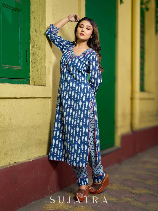 Deep Indigo Kurta with Playful Fish Print, Sculpted Neckline and Magenta Embroidery Accents