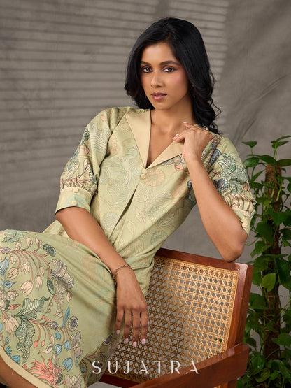 Soft green Kalamkari printed collared dress with centre pleat detailing.