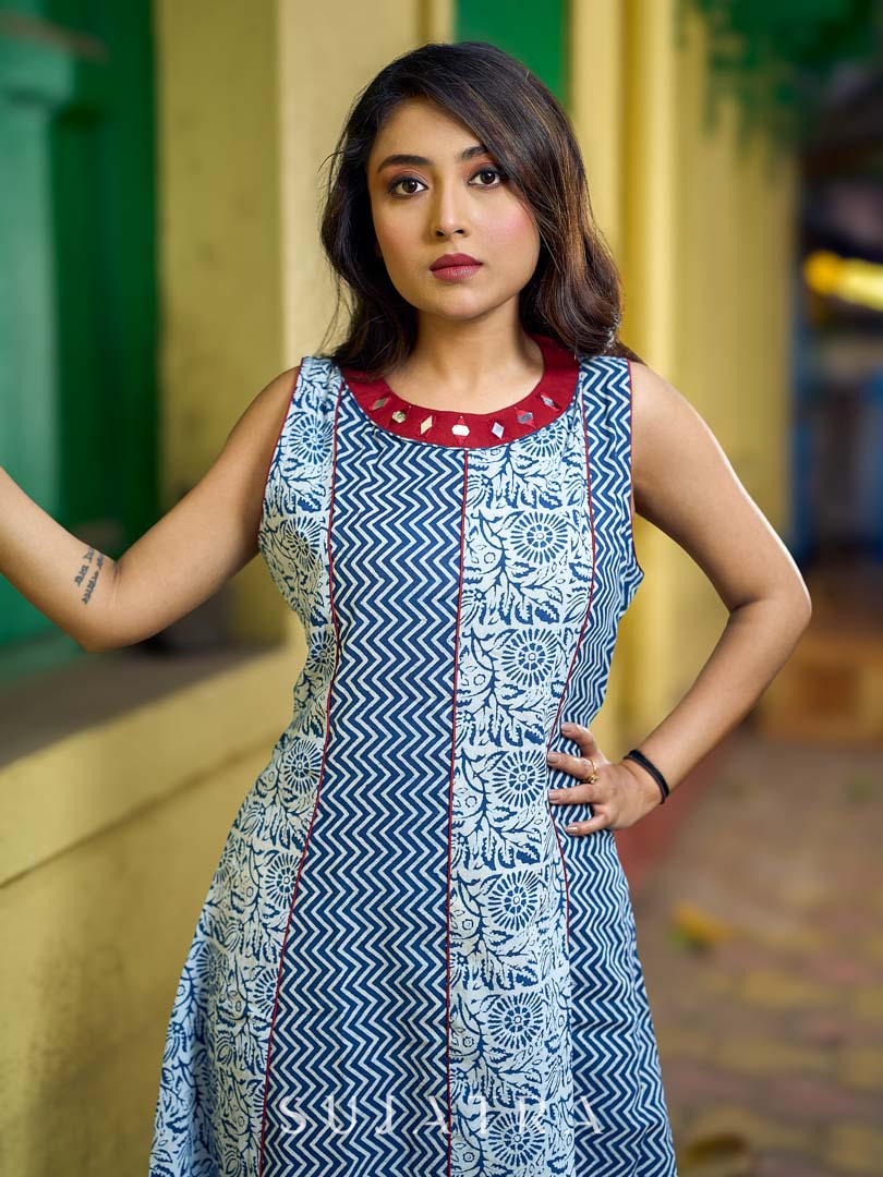 Indigo Alternating Kali Kurta with Floral & Zigzag Prints, Maroon Accents and Handcrafted Mirror Work