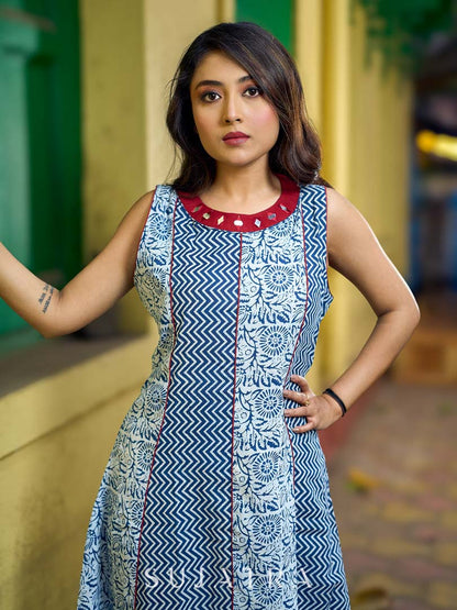 Indigo Alternating Kali Kurta with Floral & Zigzag Prints, Maroon Accents and Handcrafted Mirror Work