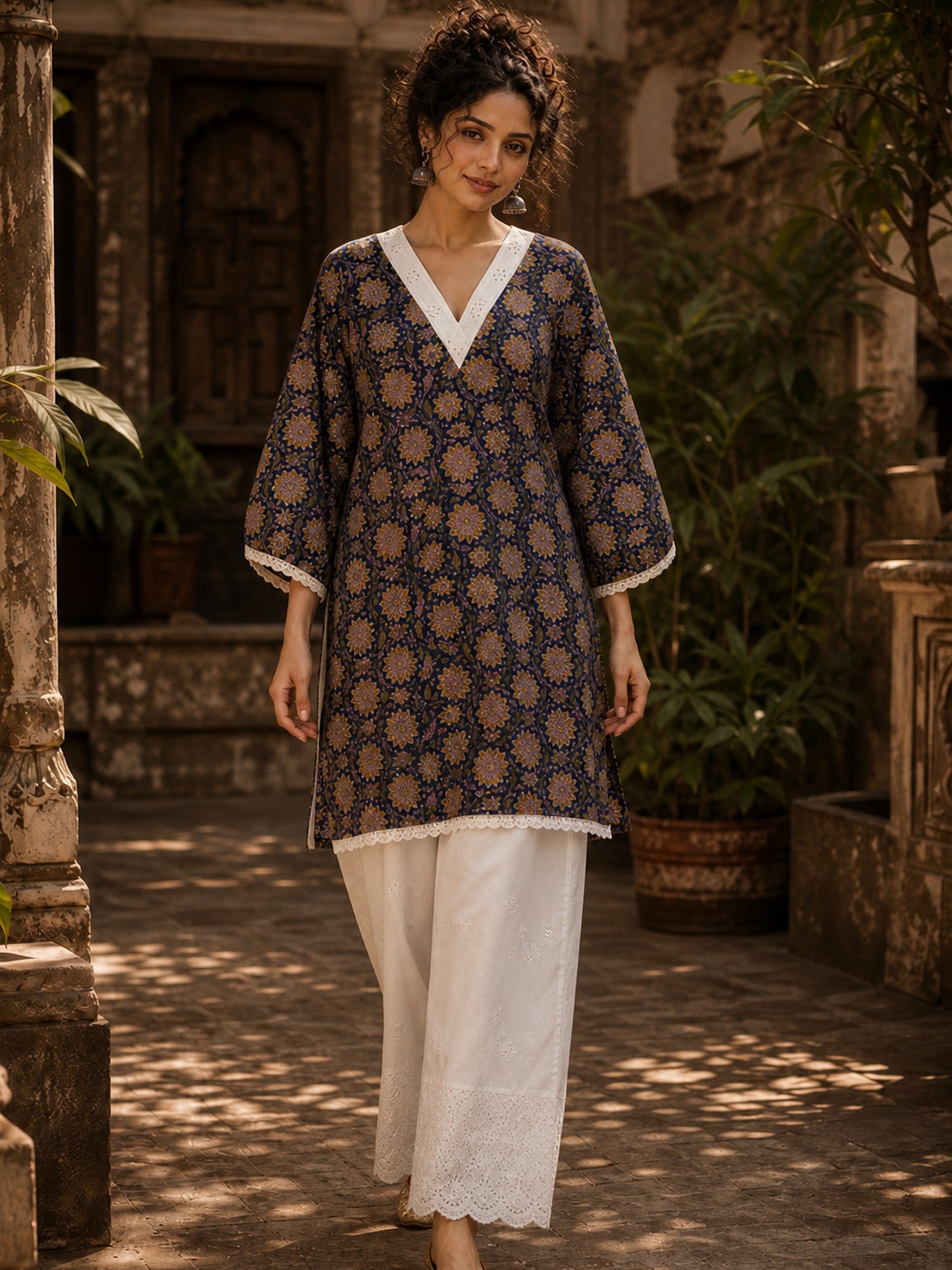 Navy Blue Floral Print Short Kurta with White Hakoba V-Neck Trim & Bell Sleeves