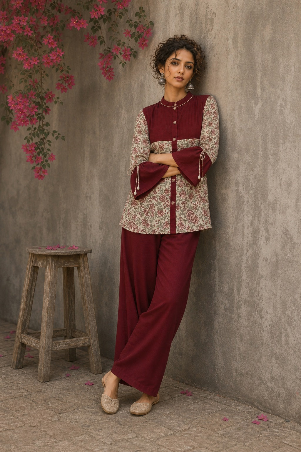 Graceful Jaipur printed floral shirt with maroon pintuck detailing, drawstring sleeves, and effortless feminine charm.