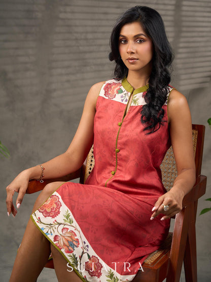 Rust floral vine printed shirt dress with olive accents
