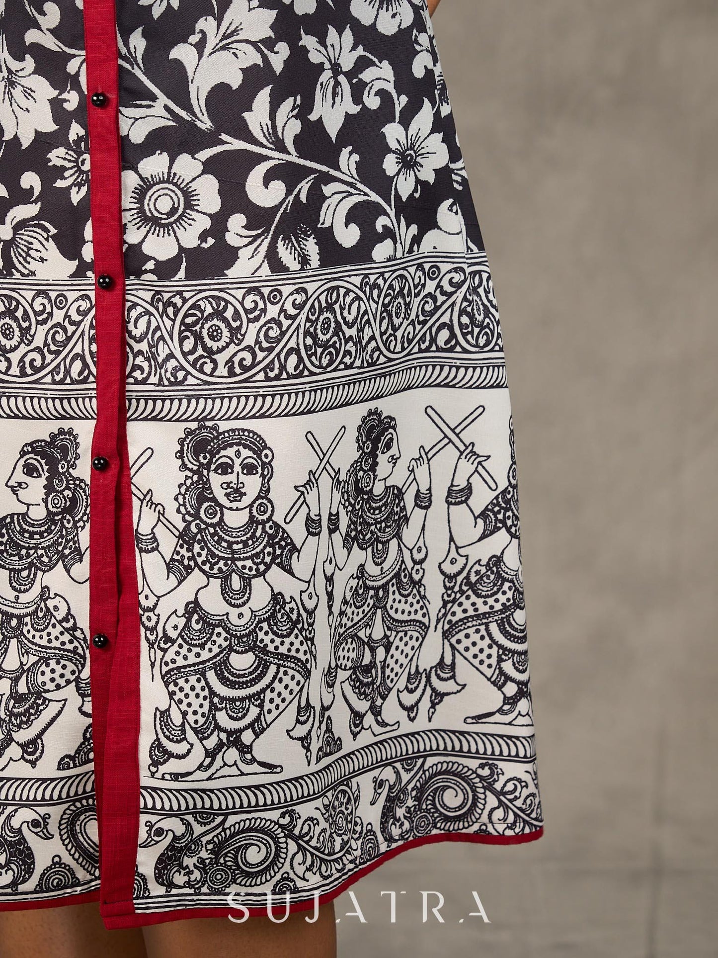 Black and maroon ombré Kalamkari inspired motif printed shirt dress with slit mandarin collar and maroon accents